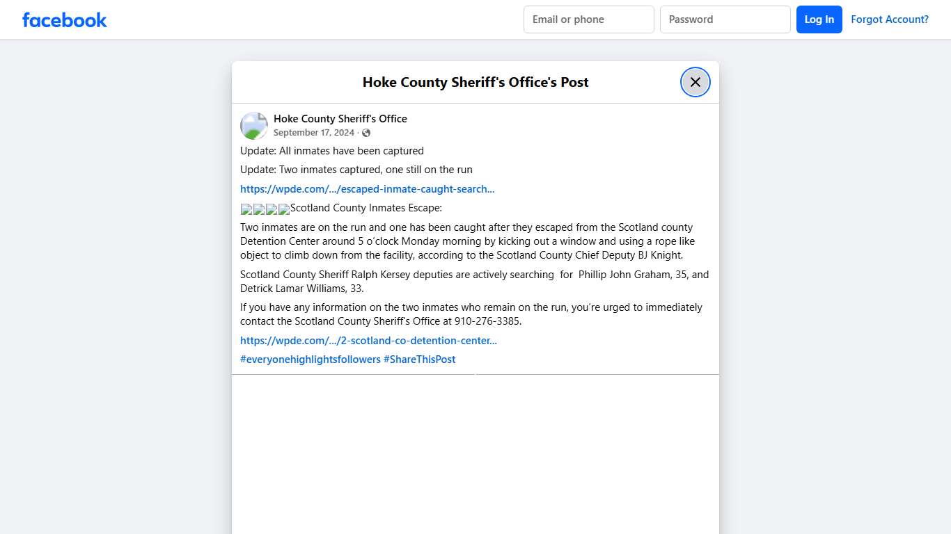 Update: All inmates have... - Hoke County Sheriff's Office | Facebook